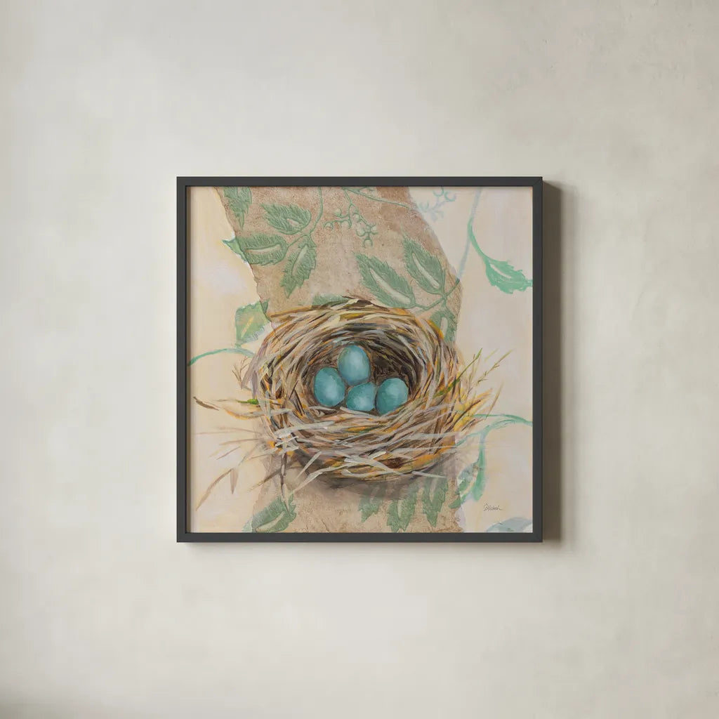 Robins Nest by Sue Schlabach. Shown in a sleek black glass frame for a contemporary gallery look. Available as an archival giclee rolled canvas, fine art paper, or poster print. SKU 88560a.
