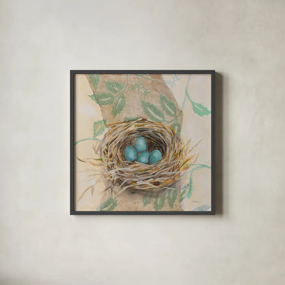 Robins Nest by Sue Schlabach. Shown in a sleek black glass frame for a contemporary gallery look. Available as an archival giclee rolled canvas, fine art paper, or poster print. SKU 88560a.