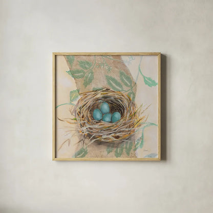 Robins Nest by Sue Schlabach. Shown in a natural wood glass frame for a timeless modern aesthetic. Available as an archival giclee rolled canvas, fine art paper, or poster print. SKU 88560a.