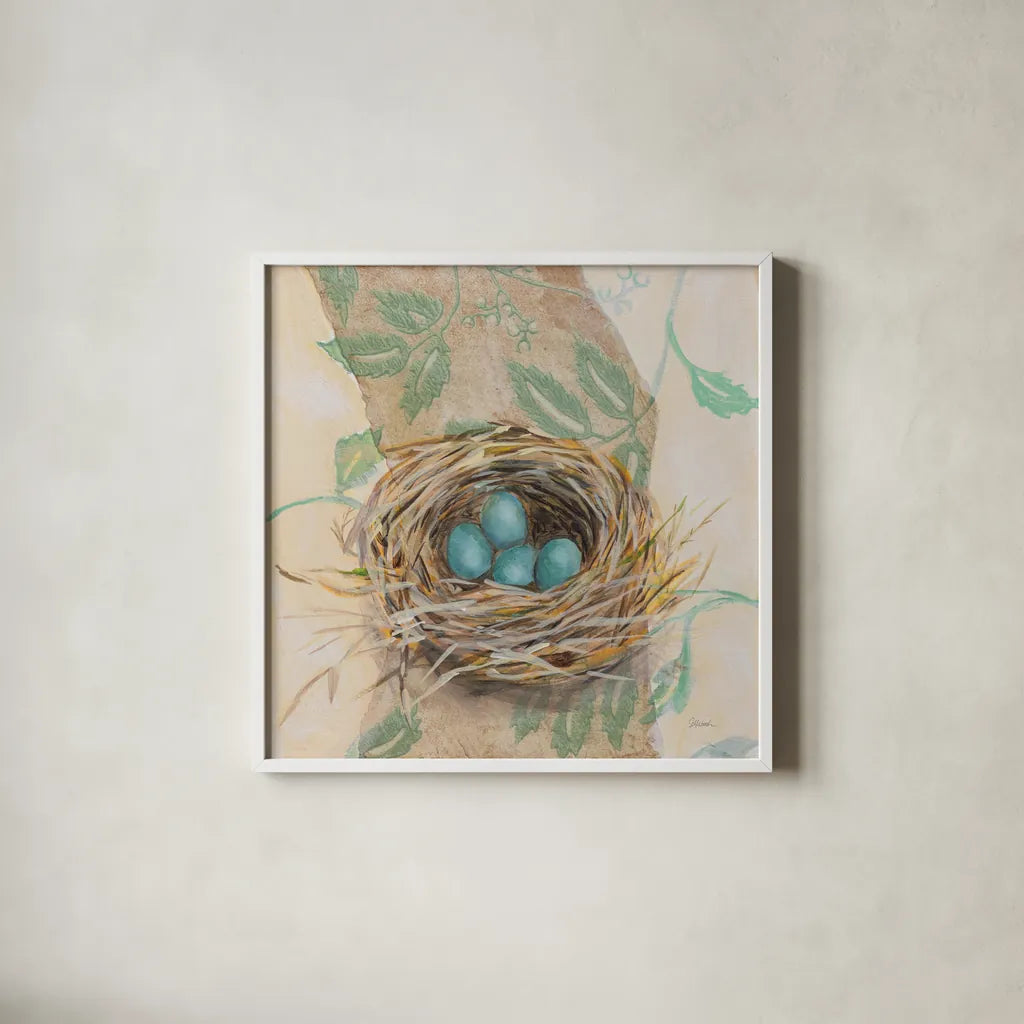 Robins Nest by Sue Schlabach. Shown in a crisp white glass frame for a clean and minimalist style. Available as an archival giclee rolled canvas, fine art paper, or poster print. SKU 88560a.