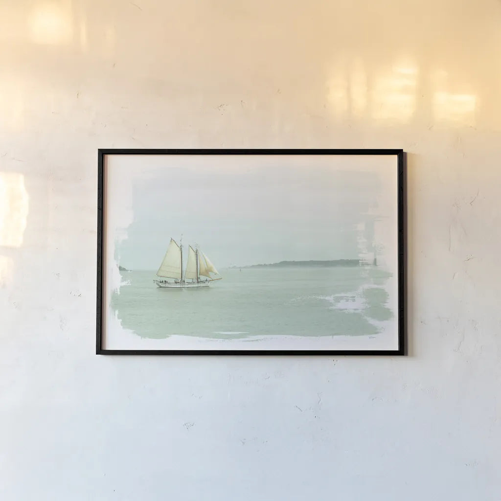 Sailing on the Bay by Sue Schlabach. shown as a paper print in a black flame. Available as a archival giclee rolled canvas, fine art paper, or poster print. SKU 47304i.