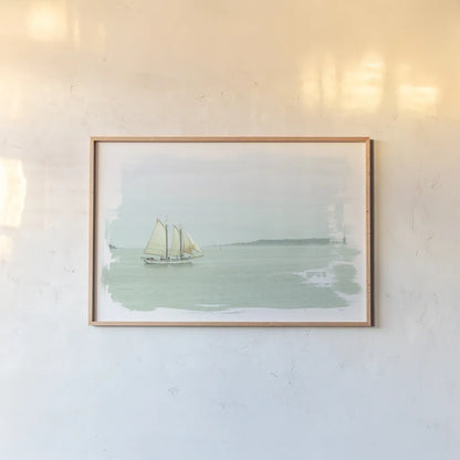 Sailing on the Bay by Sue Schlabach. shown as a paper print in a natural frame. Available as a archival giclee rolled canvas, fine art paper, or poster print. SKU 47304i.