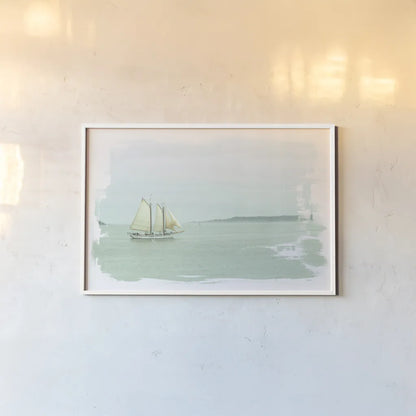 Sailing on the Bay by Sue Schlabach. shown as a paper print in a white frame. Available as a archival giclee rolled canvas, fine art paper, or poster print. SKU 47304i.