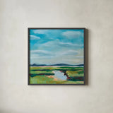 Sanctuary Marsh by Sue Schlabach. Shown in a sleek black glass frame for a contemporary gallery look. Available as an archival giclee rolled canvas, fine art paper, or poster print. SKU 87733a.