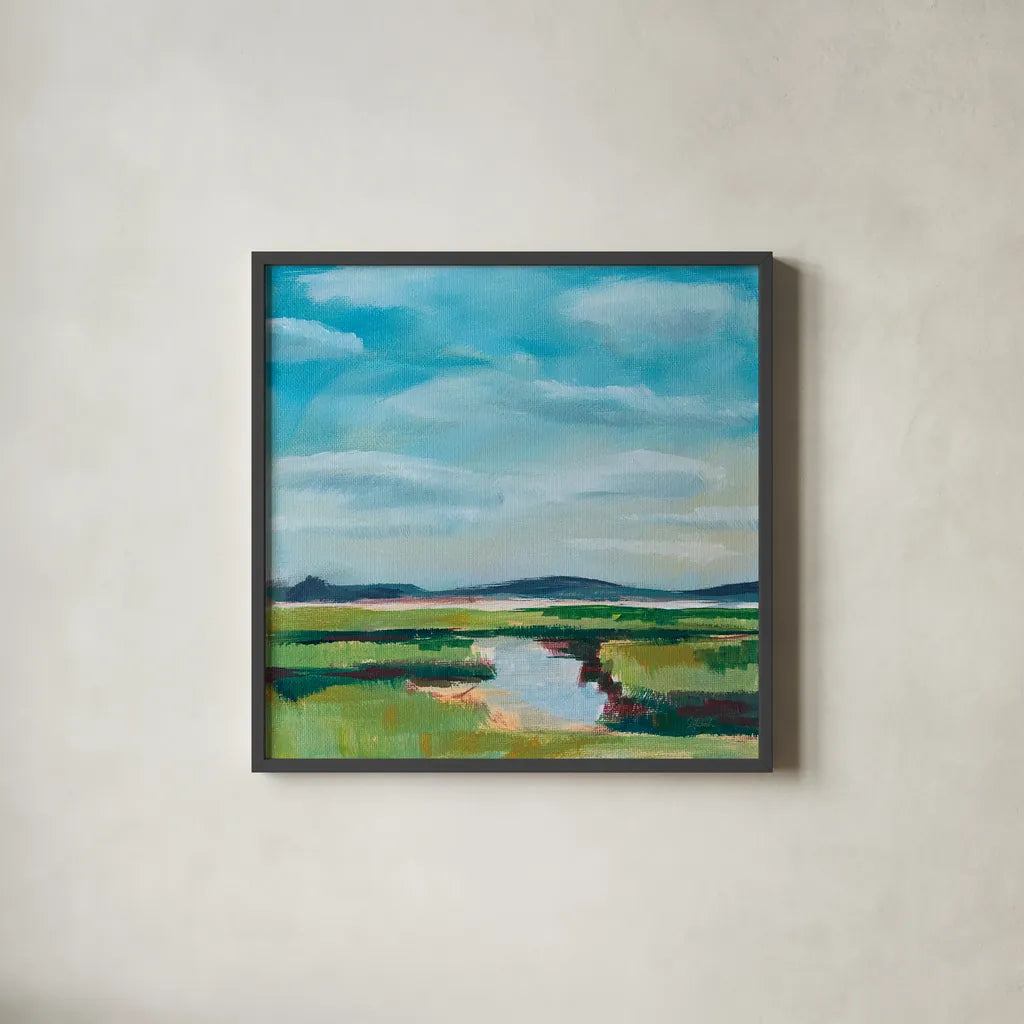 Sanctuary Marsh by Sue Schlabach. Shown in a sleek black glass frame for a contemporary gallery look. Available as an archival giclee rolled canvas, fine art paper, or poster print. SKU 87733a.