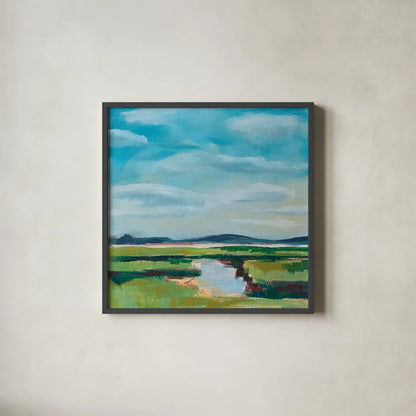 Sanctuary Marsh by Sue Schlabach. Shown in a sleek black glass frame for a contemporary gallery look. Available as an archival giclee rolled canvas, fine art paper, or poster print. SKU 87733a.