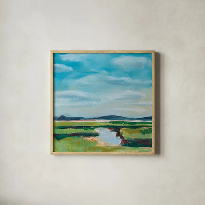 Sanctuary Marsh by Sue Schlabach. Shown in a natural wood glass frame for a timeless modern aesthetic. Available as an archival giclee rolled canvas, fine art paper, or poster print. SKU 87733a.