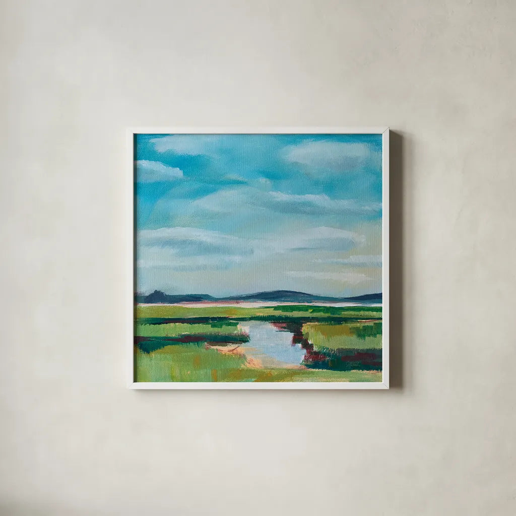 Sanctuary Marsh by Sue Schlabach. Shown in a crisp white glass frame for a clean and minimalist style. Available as an archival giclee rolled canvas, fine art paper, or poster print. SKU 87733a.