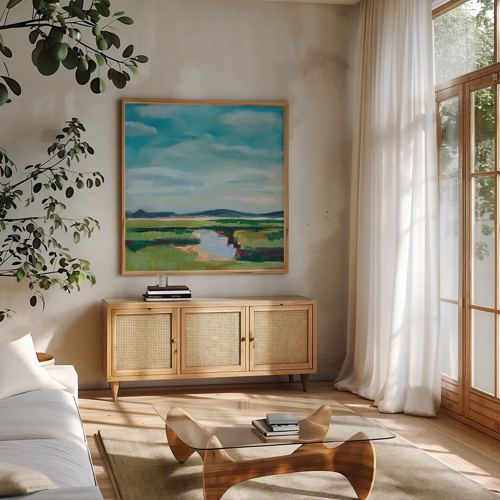 Sanctuary Marsh by Sue Schlabach. Shown in a natural wood frame in a cozy modern living room. Available as an archival giclee rolled canvas, fine art paper, or poster print. SKU 87733a.