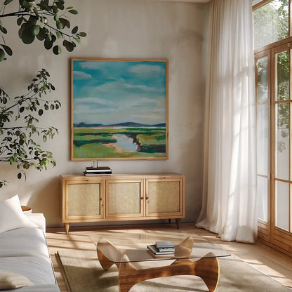 Sanctuary Marsh by Sue Schlabach. Shown in a natural wood frame in a cozy modern living room. Available as an archival giclee rolled canvas, fine art paper, or poster print. SKU 87733a.