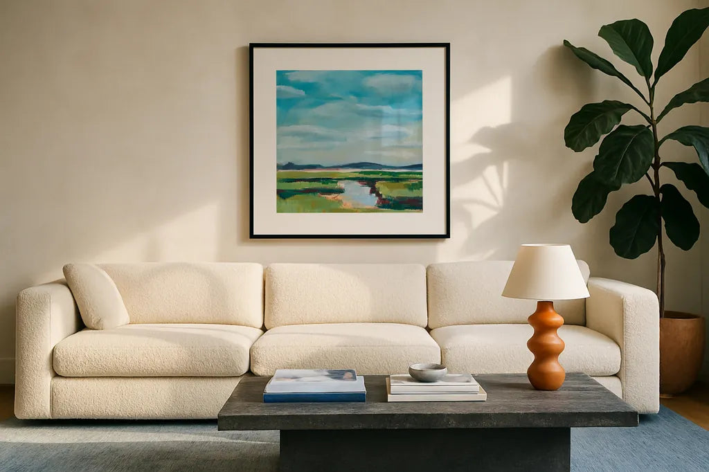 Sanctuary Marsh by Sue Schlabach. Displayed in a glass frame with matte in a clean modern living room. Available as an archival giclee rolled canvas, fine art paper, or poster print. SKU 87733a.