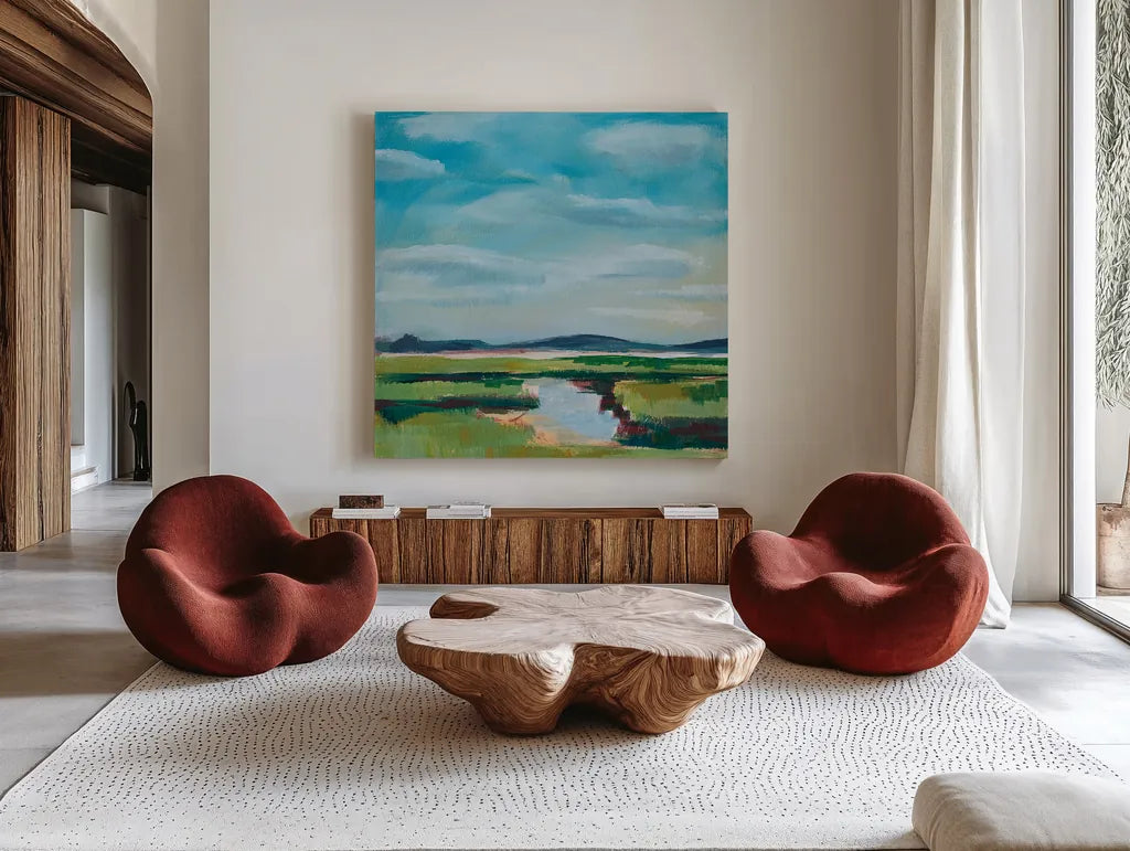 Sanctuary Marsh by Sue Schlabach. Shown as extra-large giant wall art in a modern living room. Available as an archival giclee rolled canvas, fine art paper, or poster print. SKU 87733a.