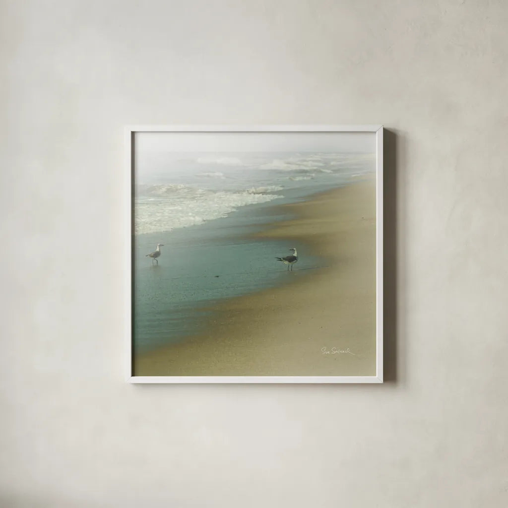 Seabirds no Border by Sue Schlabach. Shown in a crisp white glass frame for a clean and minimalist style. Available as an archival giclee rolled canvas, fine art paper, or poster print. SKU 10607a.
