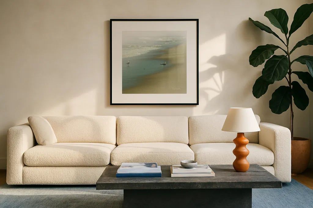 Seabirds no Border by Sue Schlabach. Displayed in a glass frame with matte in a clean modern living room. Available as an archival giclee rolled canvas, fine art paper, or poster print. SKU 10607a.