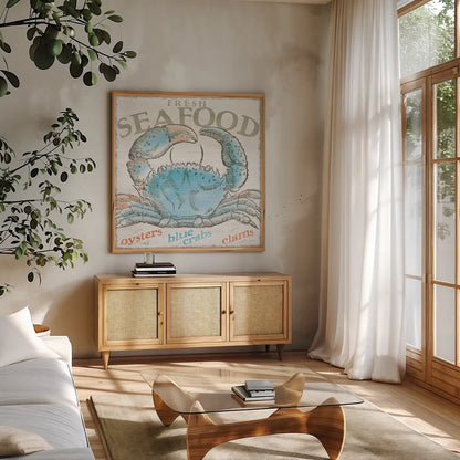 Seaside Life II by Sue Schlabach. Shown in a natural wood frame in a cozy modern living room. Available as an archival giclee rolled canvas, fine art paper, or poster print. SKU 24959a.