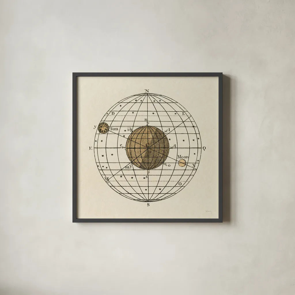 Serene Solar Globe I by Sue Schlabach. Shown in a sleek black glass frame for a contemporary gallery look. Available as an archival giclee rolled canvas, fine art paper, or poster print. SKU 90722a.