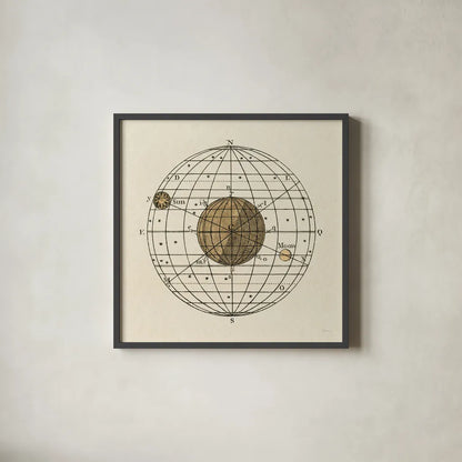 Serene Solar Globe I by Sue Schlabach. Shown in a sleek black glass frame for a contemporary gallery look. Available as an archival giclee rolled canvas, fine art paper, or poster print. SKU 90722a.