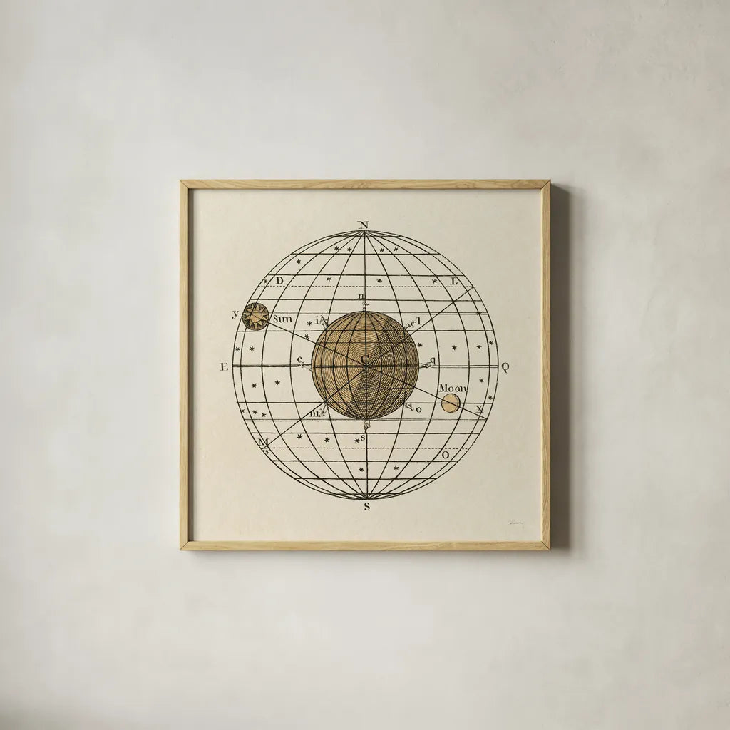 Serene Solar Globe I by Sue Schlabach. Shown in a natural wood glass frame for a timeless modern aesthetic. Available as an archival giclee rolled canvas, fine art paper, or poster print. SKU 90722a.