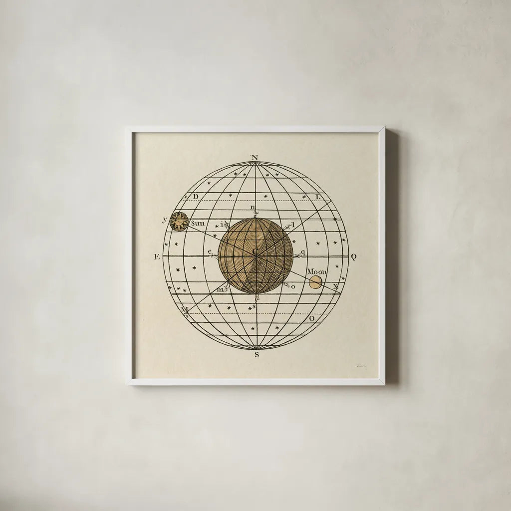 Serene Solar Globe I by Sue Schlabach. Shown in a crisp white glass frame for a clean and minimalist style. Available as an archival giclee rolled canvas, fine art paper, or poster print. SKU 90722a.
