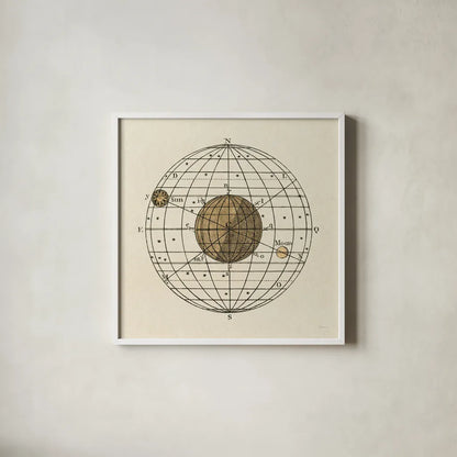 Serene Solar Globe I by Sue Schlabach. Shown in a crisp white glass frame for a clean and minimalist style. Available as an archival giclee rolled canvas, fine art paper, or poster print. SKU 90722a.