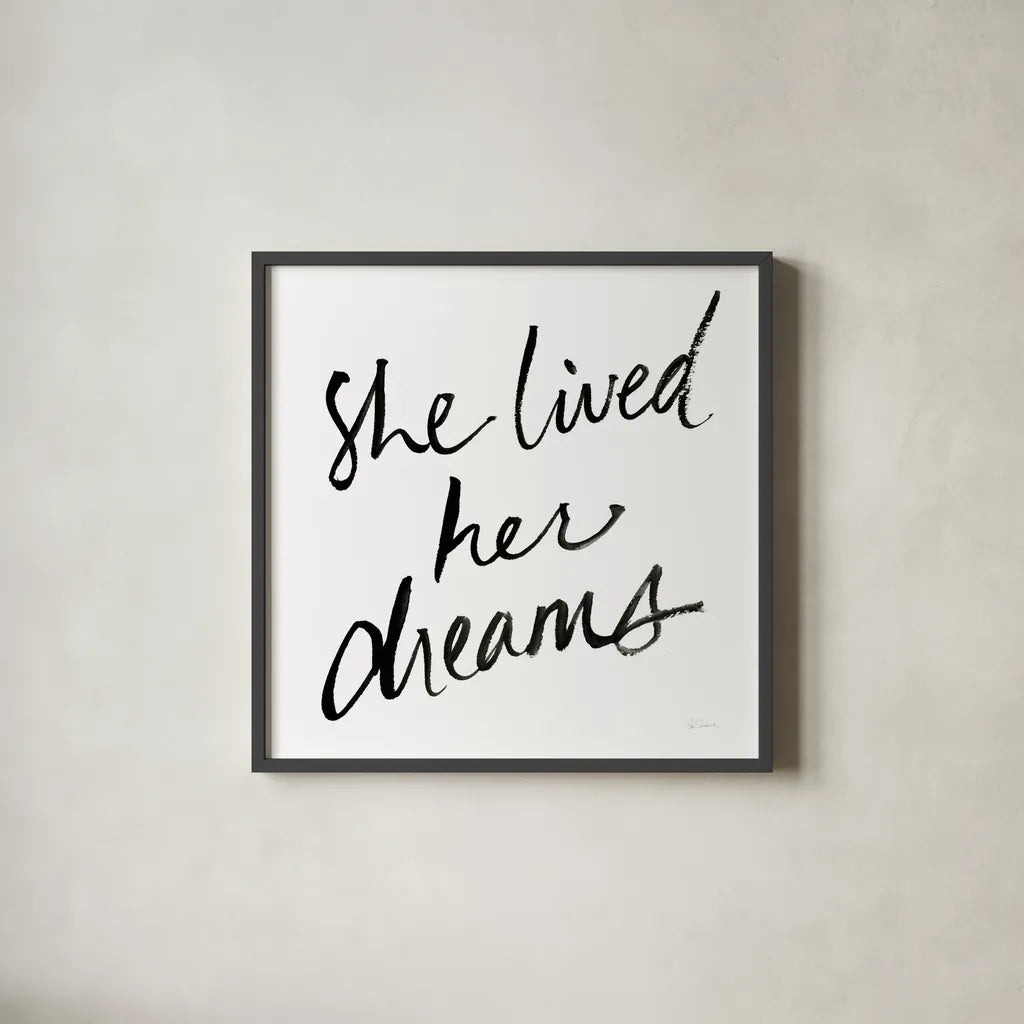 She Lived Her Dreams by Sue Schlabach. Shown in a sleek black glass frame for a contemporary gallery look. Available as an archival giclee rolled canvas, fine art paper, or poster print. SKU 48128a.