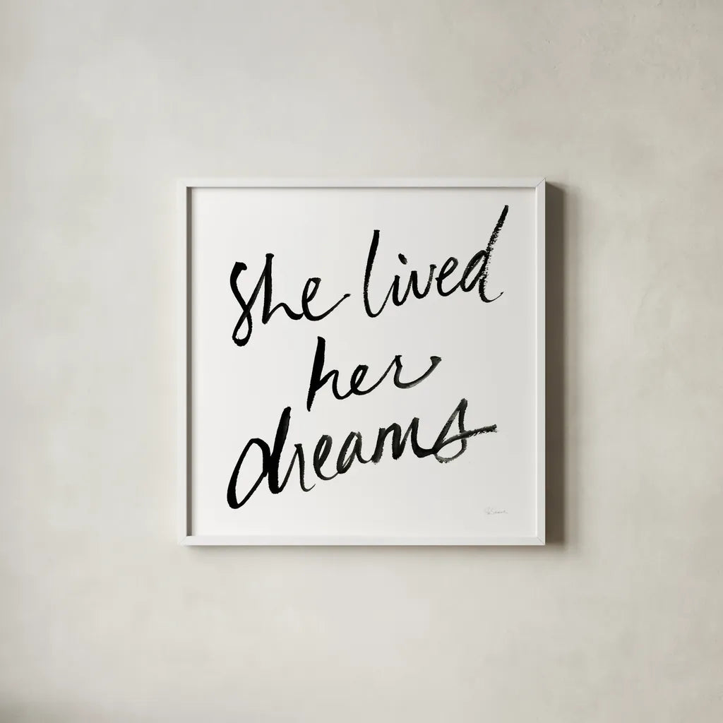 She Lived Her Dreams by Sue Schlabach. Shown in a crisp white glass frame for a clean and minimalist style. Available as an archival giclee rolled canvas, fine art paper, or poster print. SKU 48128a.