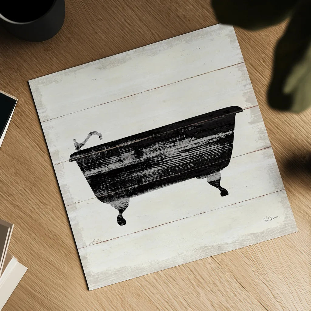 Shiplap Bath I by Sue Schlabach. Shown as a detailed flat fine art print, highlighting archival giclee quality. Available as an archival giclee rolled canvas, fine art paper, or poster print. SKU 49538a.