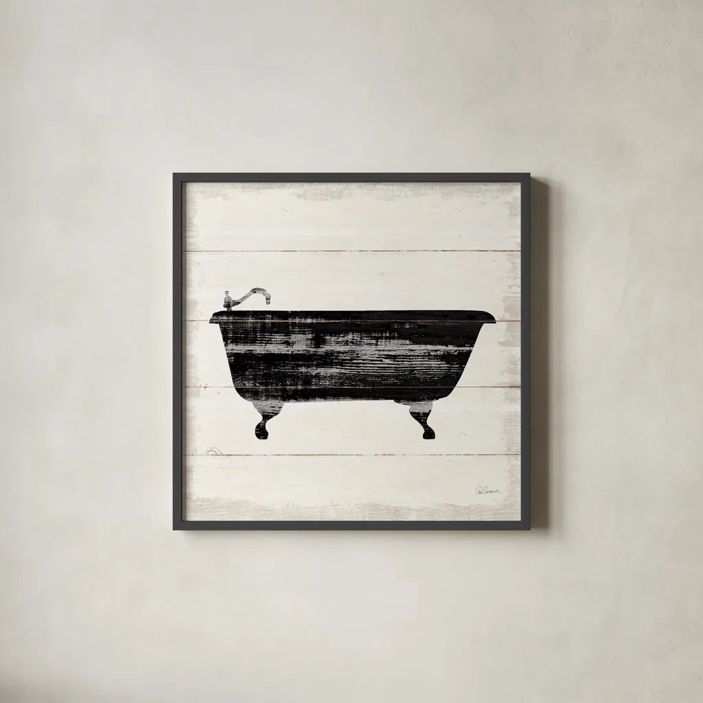 Shiplap Bath I by Sue Schlabach. Shown in a sleek black glass frame for a contemporary gallery look. Available as an archival giclee rolled canvas, fine art paper, or poster print. SKU 49538a.