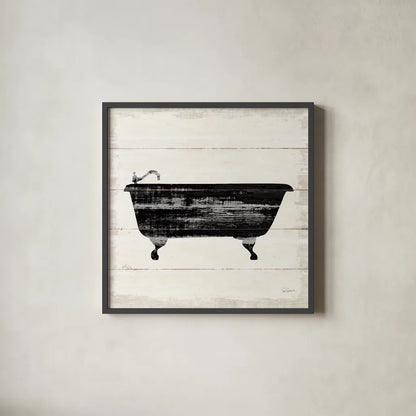 Shiplap Bath I by Sue Schlabach. Shown in a sleek black glass frame for a contemporary gallery look. Available as an archival giclee rolled canvas, fine art paper, or poster print. SKU 49538a.