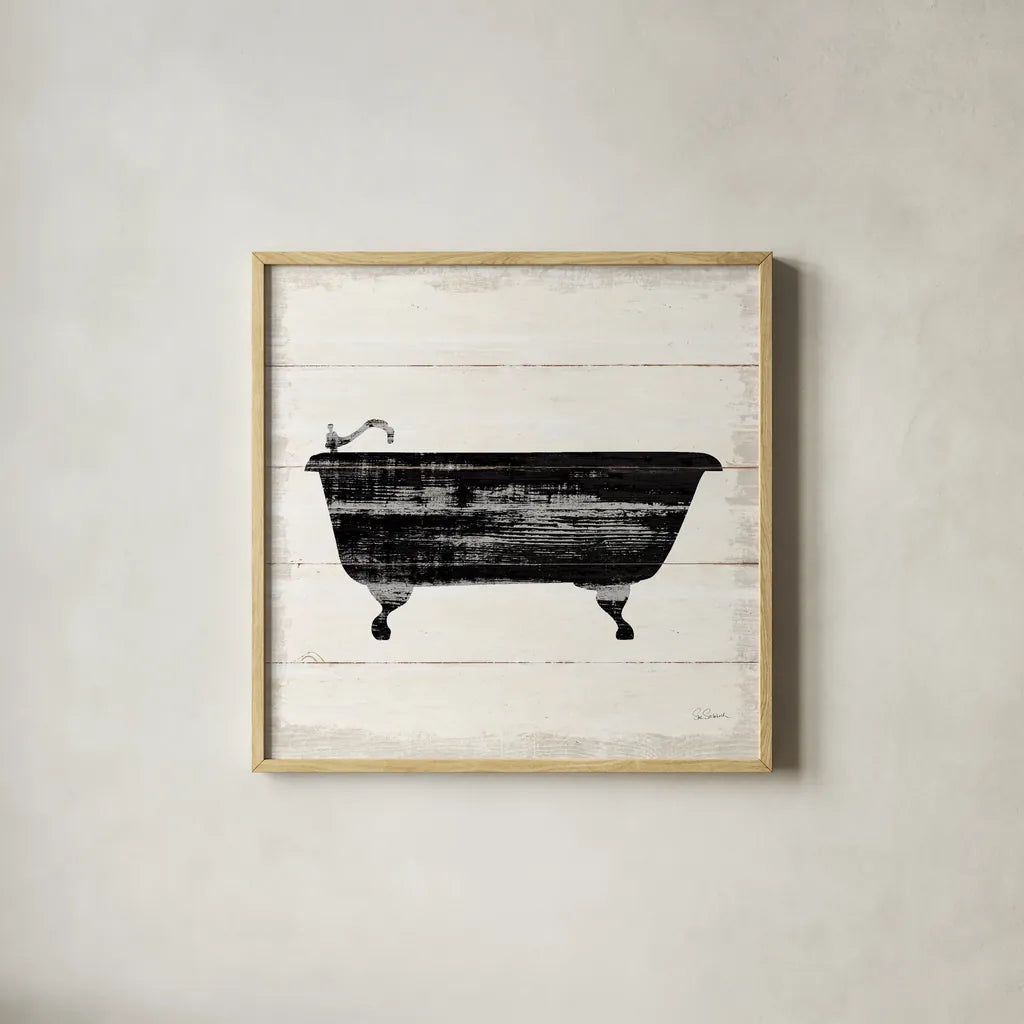 Shiplap Bath I by Sue Schlabach. Shown in a natural wood glass frame for a timeless modern aesthetic. Available as an archival giclee rolled canvas, fine art paper, or poster print. SKU 49538a.