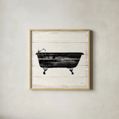 Shiplap Bath I by Sue Schlabach. Shown in a natural wood glass frame for a timeless modern aesthetic. Available as an archival giclee rolled canvas, fine art paper, or poster print. SKU 49538a.
