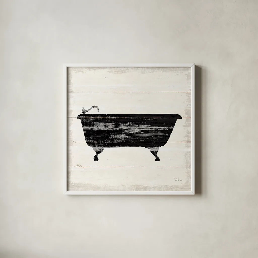 Shiplap Bath I by Sue Schlabach. Shown in a crisp white glass frame for a clean and minimalist style. Available as an archival giclee rolled canvas, fine art paper, or poster print. SKU 49538a.