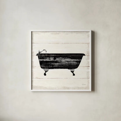 Shiplap Bath I by Sue Schlabach. Shown in a crisp white glass frame for a clean and minimalist style. Available as an archival giclee rolled canvas, fine art paper, or poster print. SKU 49538a.