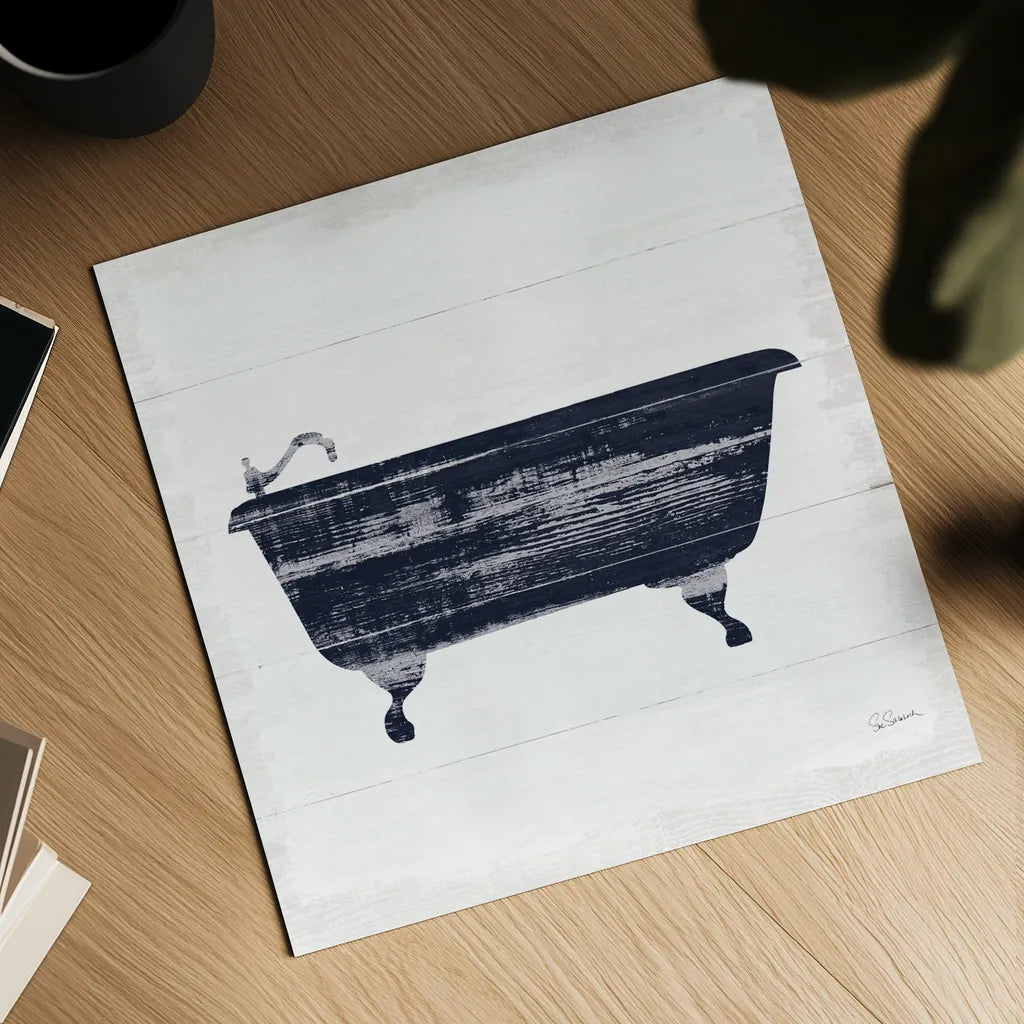 Shiplap Bath I Navy by Sue Schlabach. Shown as a detailed flat fine art print, highlighting archival giclee quality. Available as an archival giclee rolled canvas, fine art paper, or poster print. SKU 56031a.