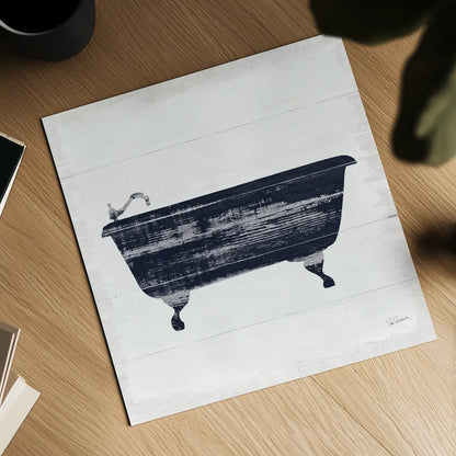 Shiplap Bath I Navy by Sue Schlabach. Shown as a detailed flat fine art print, highlighting archival giclee quality. Available as an archival giclee rolled canvas, fine art paper, or poster print. SKU 56031a.