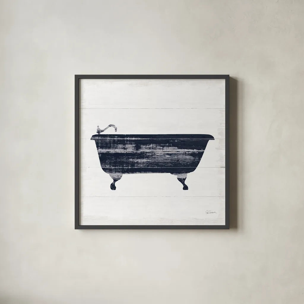 Shiplap Bath I Navy by Sue Schlabach. Shown in a sleek black glass frame for a contemporary gallery look. Available as an archival giclee rolled canvas, fine art paper, or poster print. SKU 56031a.