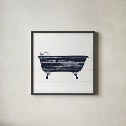 Shiplap Bath I Navy by Sue Schlabach. Shown in a sleek black glass frame for a contemporary gallery look. Available as an archival giclee rolled canvas, fine art paper, or poster print. SKU 56031a.