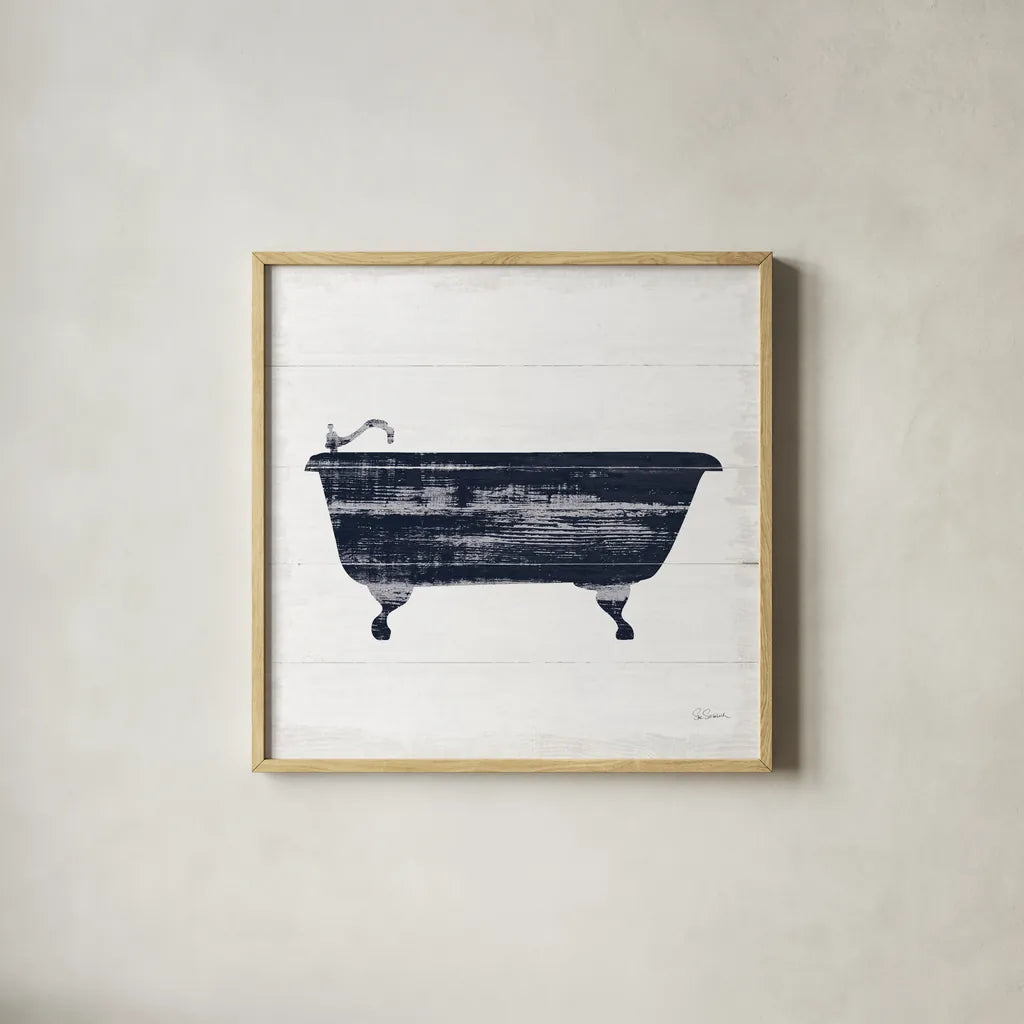 Shiplap Bath I Navy by Sue Schlabach. Shown in a natural wood glass frame for a timeless modern aesthetic. Available as an archival giclee rolled canvas, fine art paper, or poster print. SKU 56031a.