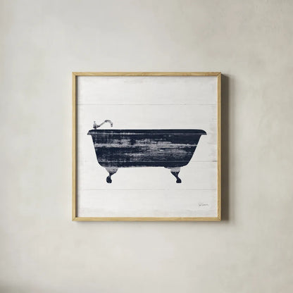 Shiplap Bath I Navy by Sue Schlabach. Shown in a natural wood glass frame for a timeless modern aesthetic. Available as an archival giclee rolled canvas, fine art paper, or poster print. SKU 56031a.
