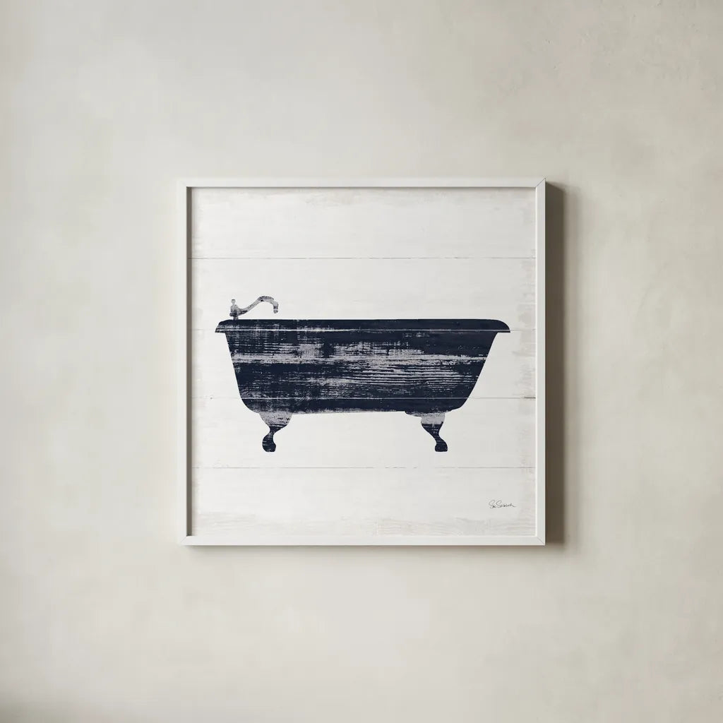 Shiplap Bath I Navy by Sue Schlabach. Shown in a crisp white glass frame for a clean and minimalist style. Available as an archival giclee rolled canvas, fine art paper, or poster print. SKU 56031a.