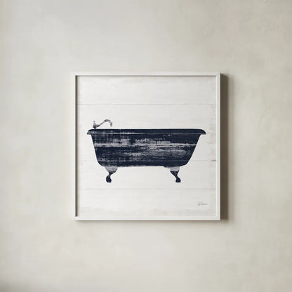 Shiplap Bath I Navy by Sue Schlabach. Shown in a crisp white glass frame for a clean and minimalist style. Available as an archival giclee rolled canvas, fine art paper, or poster print. SKU 56031a.