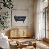 Shiplap Bath I Navy by Sue Schlabach. Shown in a natural wood frame in a cozy modern living room. Available as an archival giclee rolled canvas, fine art paper, or poster print. SKU 56031a.