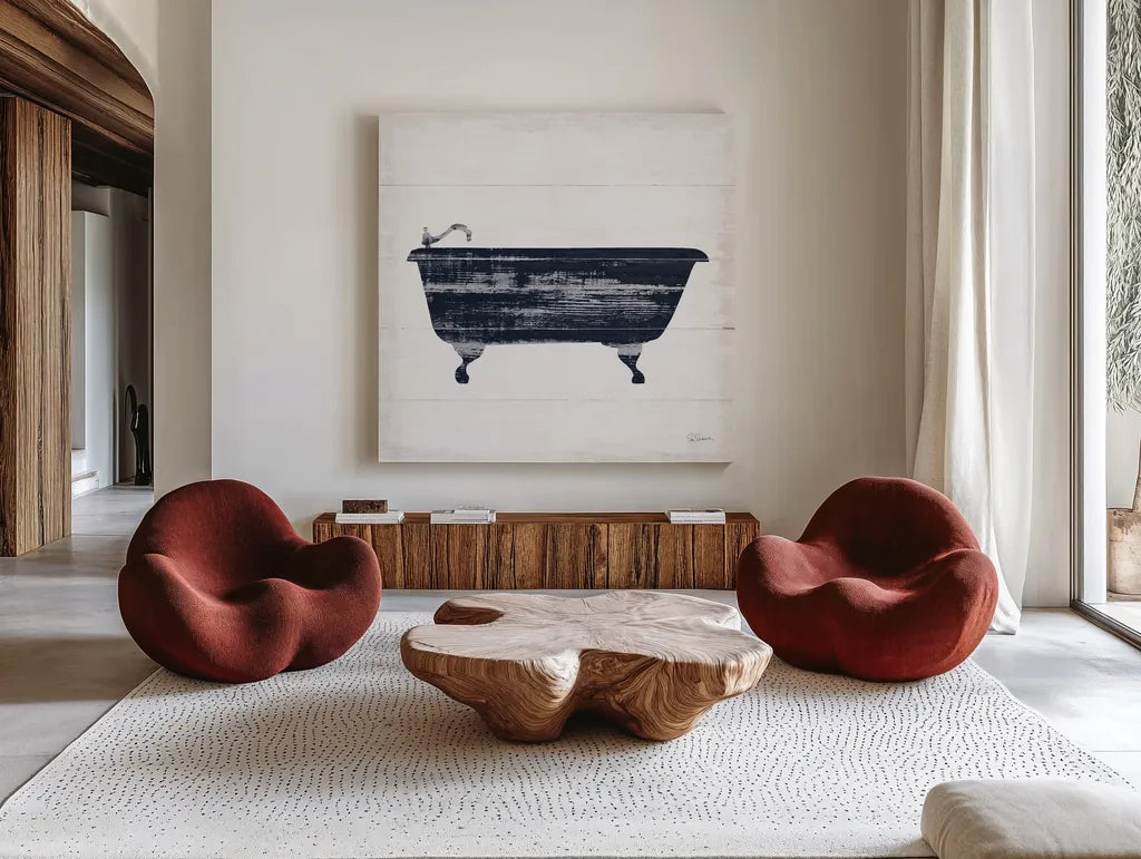 Shiplap Bath I Navy by Sue Schlabach. Shown as extra-large giant wall art in a modern living room. Available as an archival giclee rolled canvas, fine art paper, or poster print. SKU 56031a.