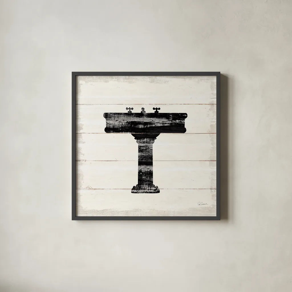 Shiplap Bath II by Sue Schlabach. Shown in a sleek black glass frame for a contemporary gallery look. Available as an archival giclee rolled canvas, fine art paper, or poster print. SKU 49539a.