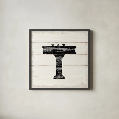 Shiplap Bath II by Sue Schlabach. Shown in a sleek black glass frame for a contemporary gallery look. Available as an archival giclee rolled canvas, fine art paper, or poster print. SKU 49539a.