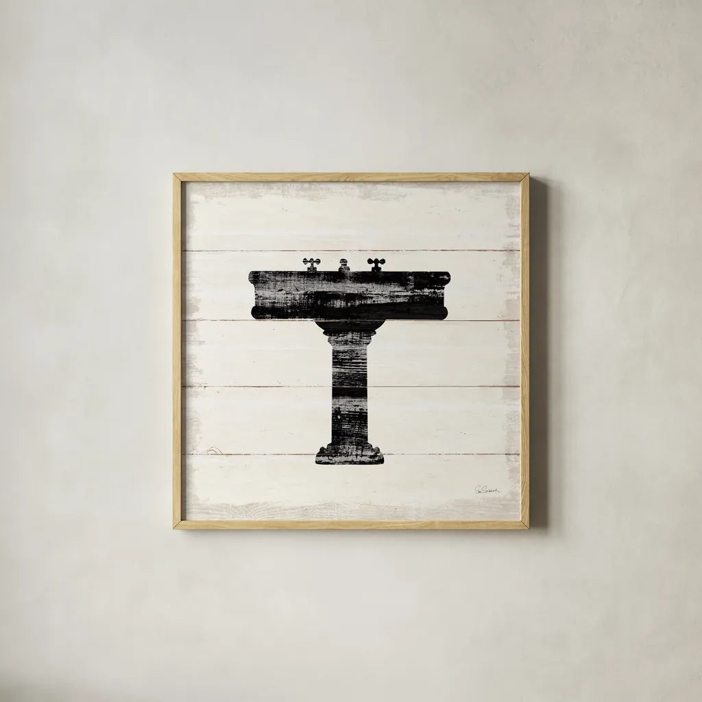 Shiplap Bath II by Sue Schlabach. Shown in a natural wood glass frame for a timeless modern aesthetic. Available as an archival giclee rolled canvas, fine art paper, or poster print. SKU 49539a.