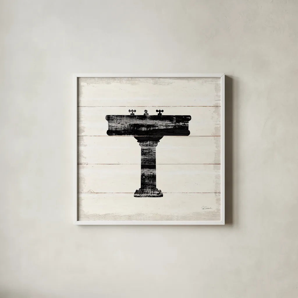 Shiplap Bath II by Sue Schlabach. Shown in a crisp white glass frame for a clean and minimalist style. Available as an archival giclee rolled canvas, fine art paper, or poster print. SKU 49539a.