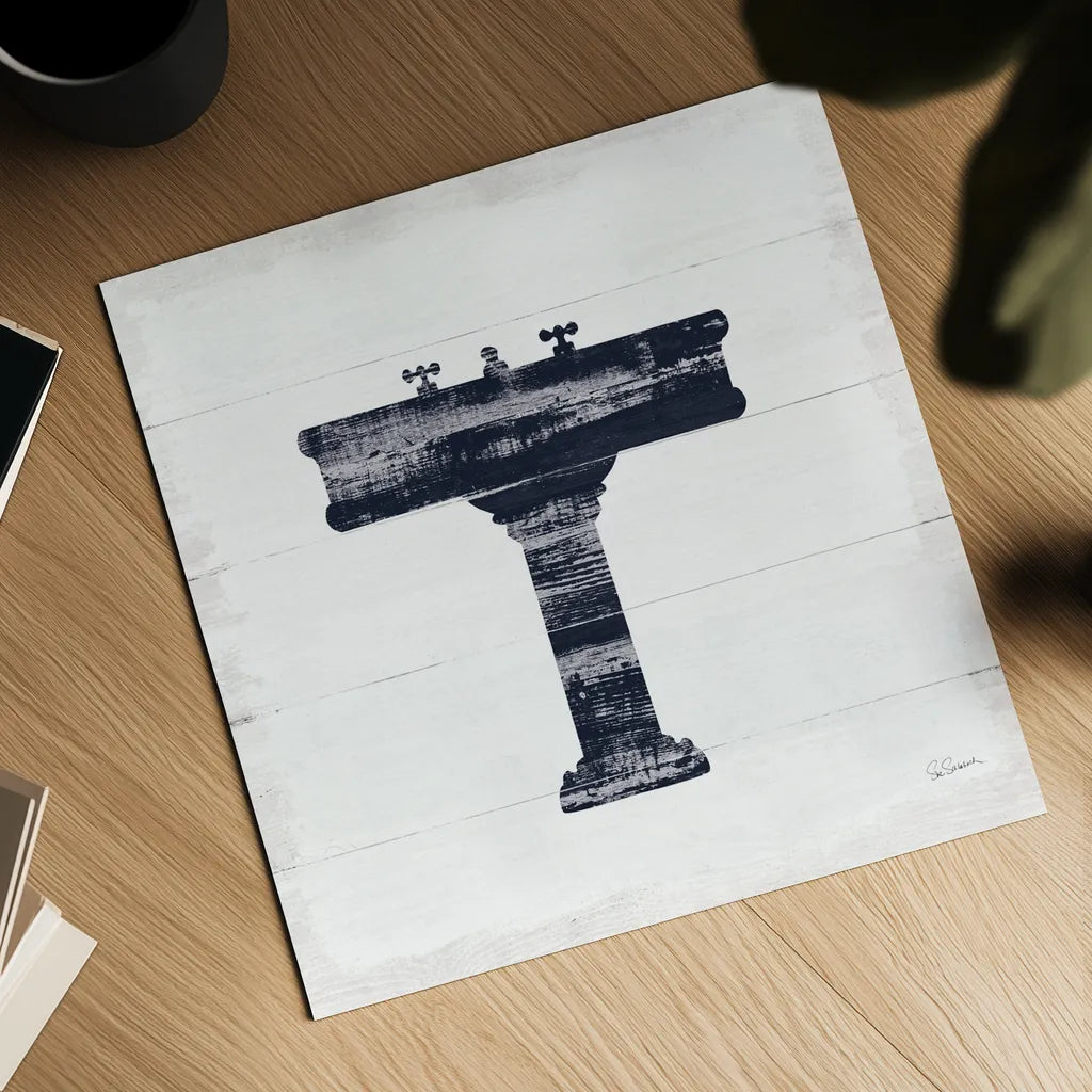 Shiplap Bath II Navy by Sue Schlabach. Shown as a detailed flat fine art print, highlighting archival giclee quality. Available as an archival giclee rolled canvas, fine art paper, or poster print. SKU 56032a.