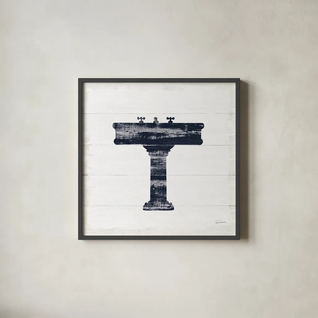 Shiplap Bath II Navy by Sue Schlabach. Shown in a sleek black glass frame for a contemporary gallery look. Available as an archival giclee rolled canvas, fine art paper, or poster print. SKU 56032a.