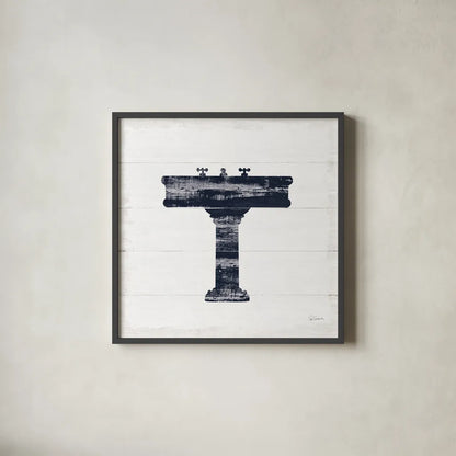 Shiplap Bath II Navy by Sue Schlabach. Shown in a sleek black glass frame for a contemporary gallery look. Available as an archival giclee rolled canvas, fine art paper, or poster print. SKU 56032a.